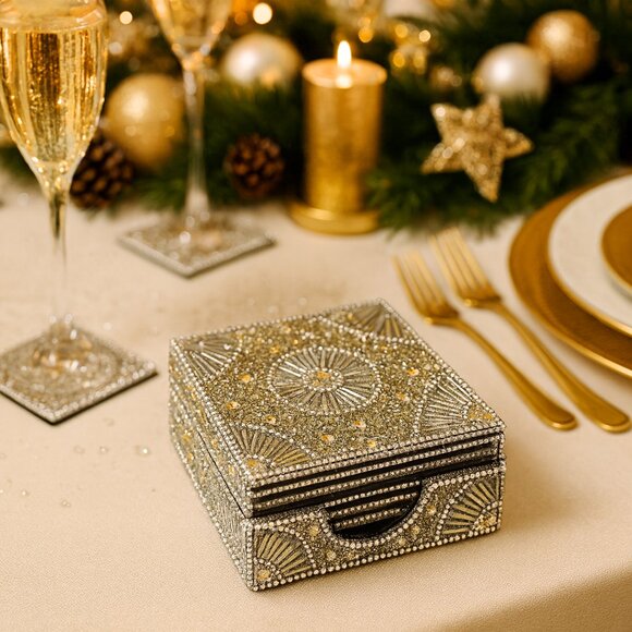 NWOT Set of 8 Silver Bedazzled Coasters in Matching Tray - Picture 4 of 15